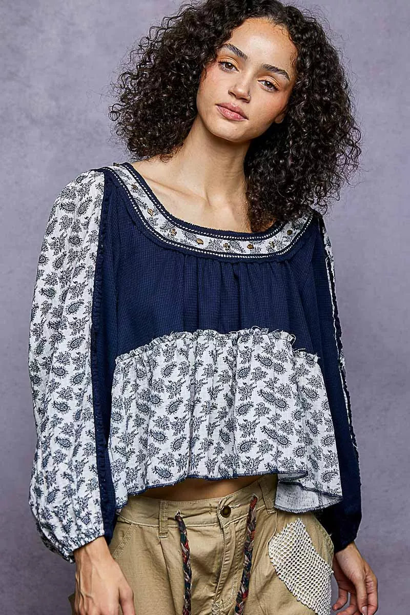 POL Indigo Paisley Scoop Neck Balloon Sleeve Cropped Blouse with Stud Detail