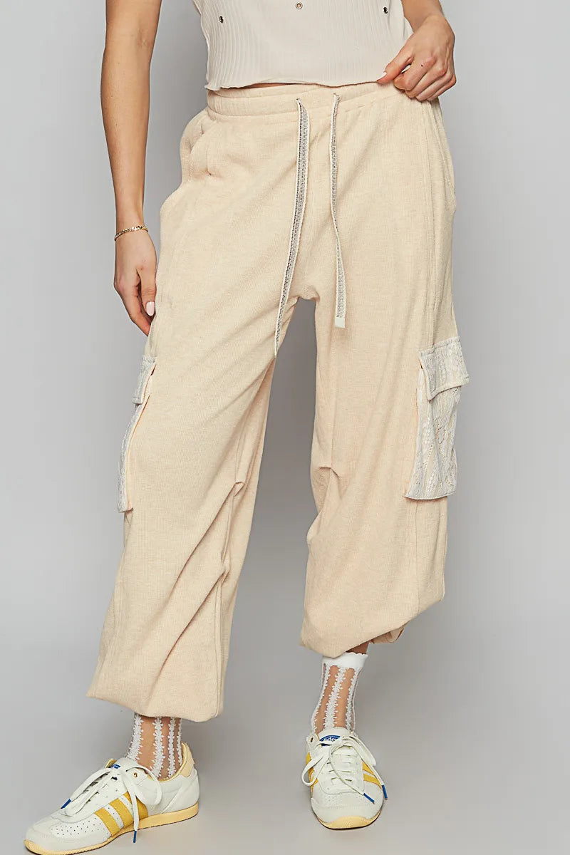 POL Apricot Contrast Lace Overlay Pocket Patch Thermal Knit Joggers