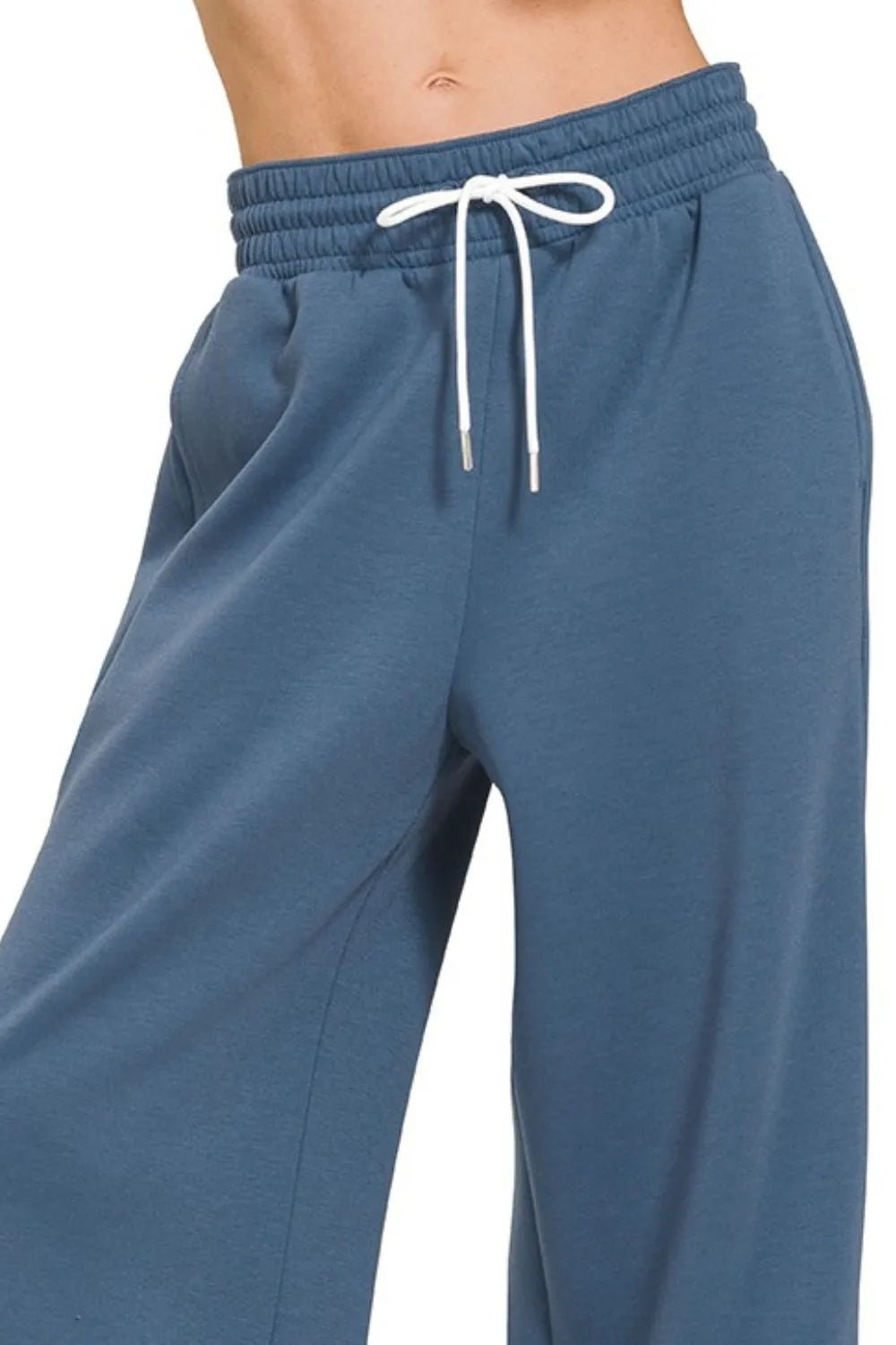 Zenana Dusty Blue Scuba Drawstring Wide Leg Pants