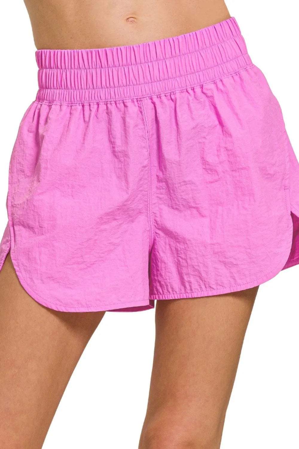 Zenana Windbreaker Smocked Waistband Running Shorts BRIGHT MAUVE