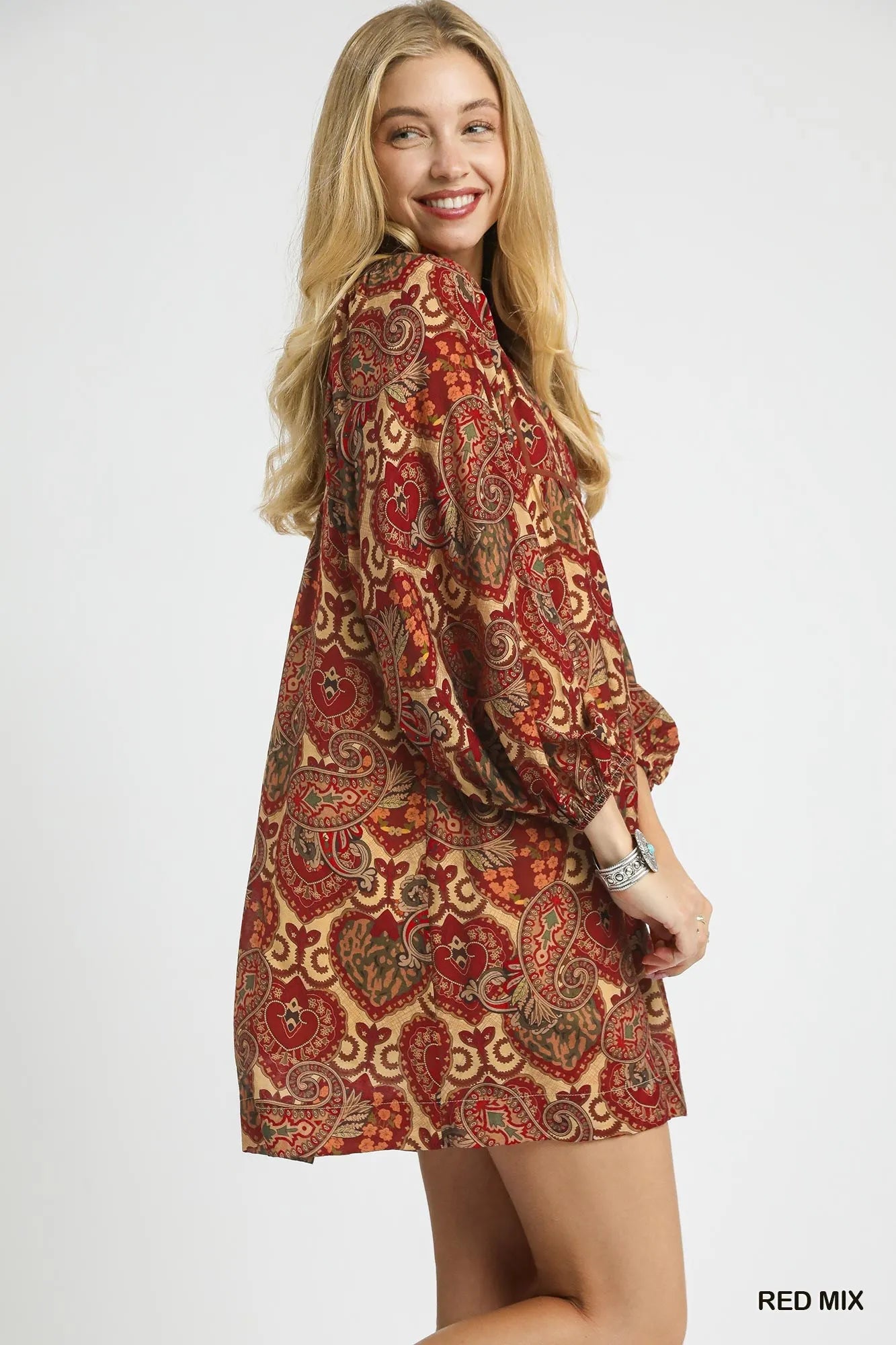 Umgee Red Mix Boho Mix Paisley Babydoll Dress