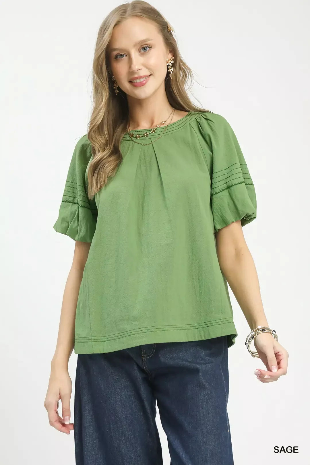 Umgee Sage Round Neck Puff Sleeve Top with Contrast Stitch Detail SAGE