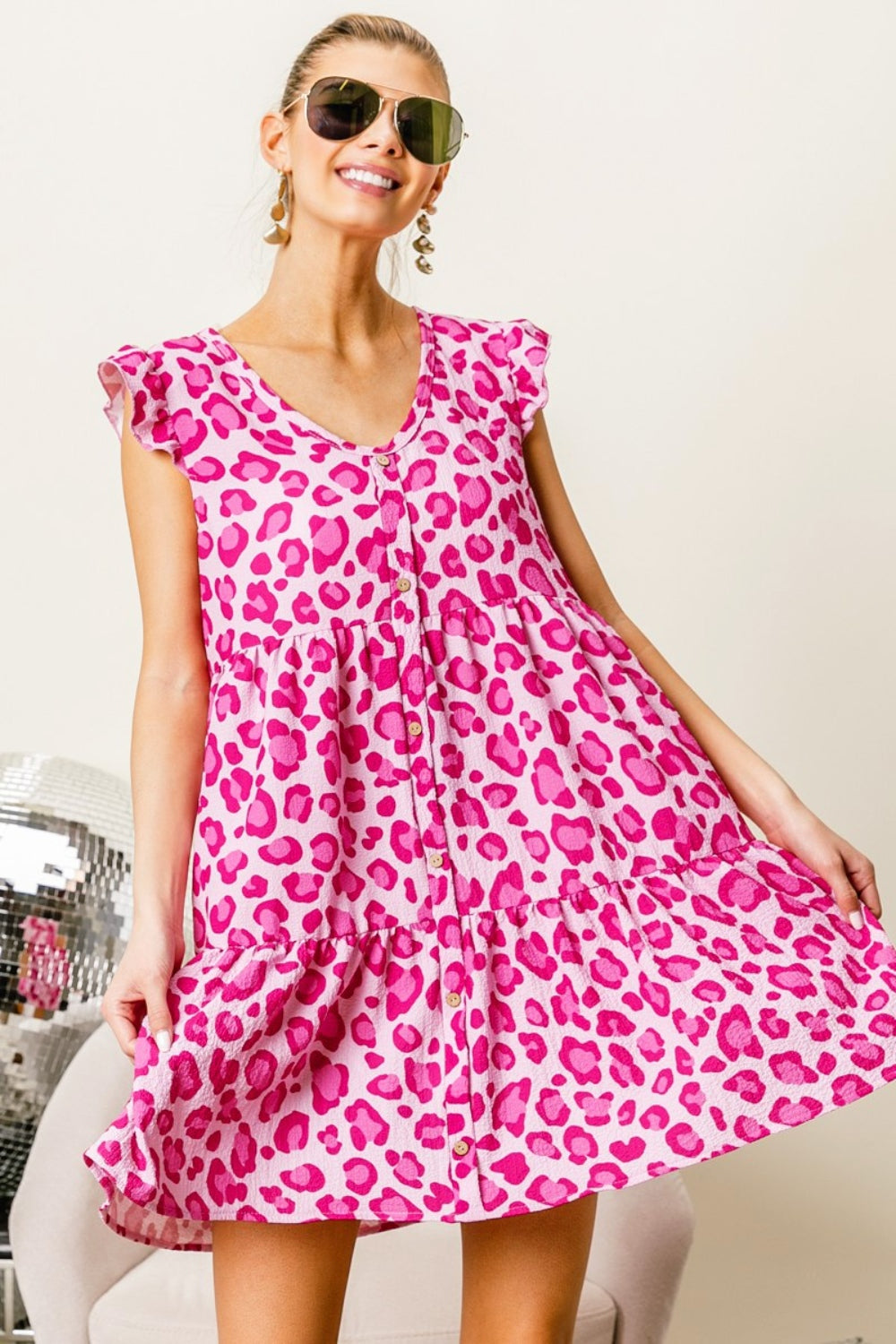 BiBi Pink Leopard Cap Sleeve Tiered Mini Dress Pink Fuchsia