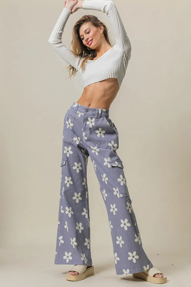 BiBi Dusty Lavender Flower Printed Side Pocket Wide Pants