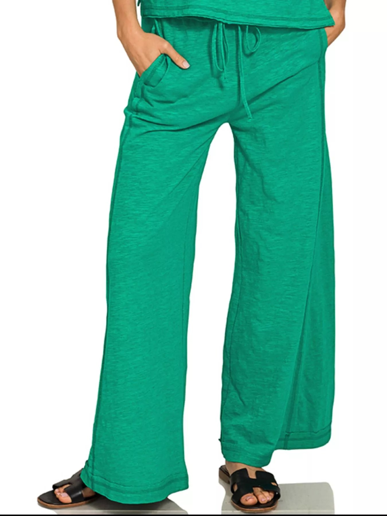 Zenana Kelly Green Cotton Slub Short Sleeve Tee and Pants Set