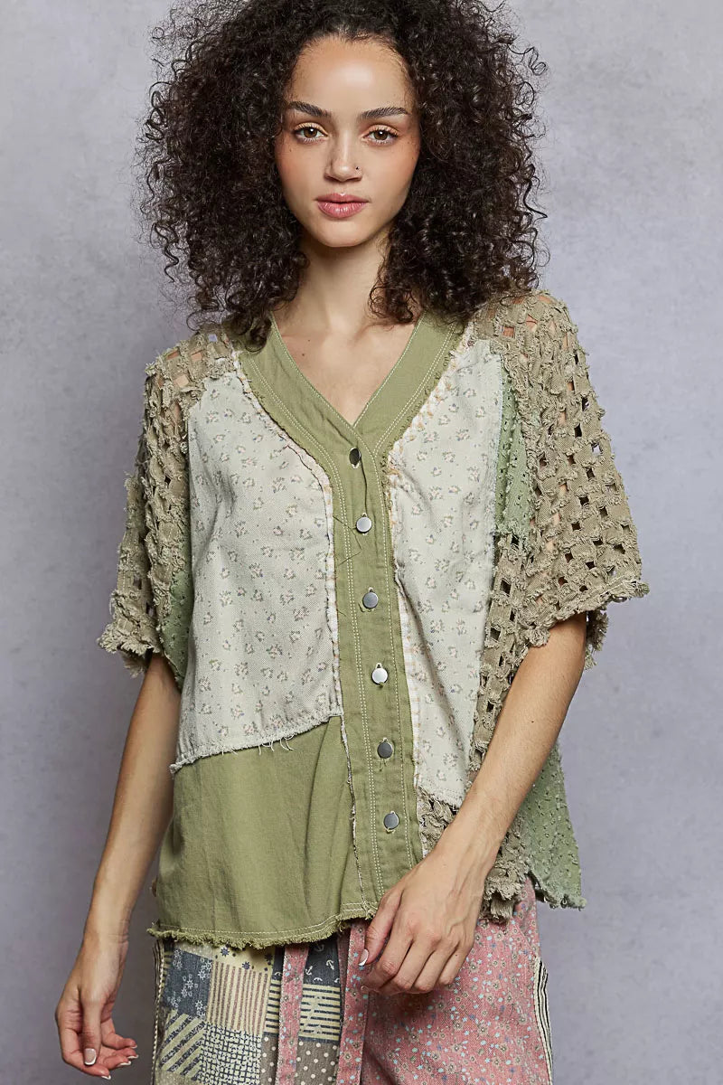 POL Button Down V-Neck Jacket with Printed Woven Patchwork OLIVE MULTI