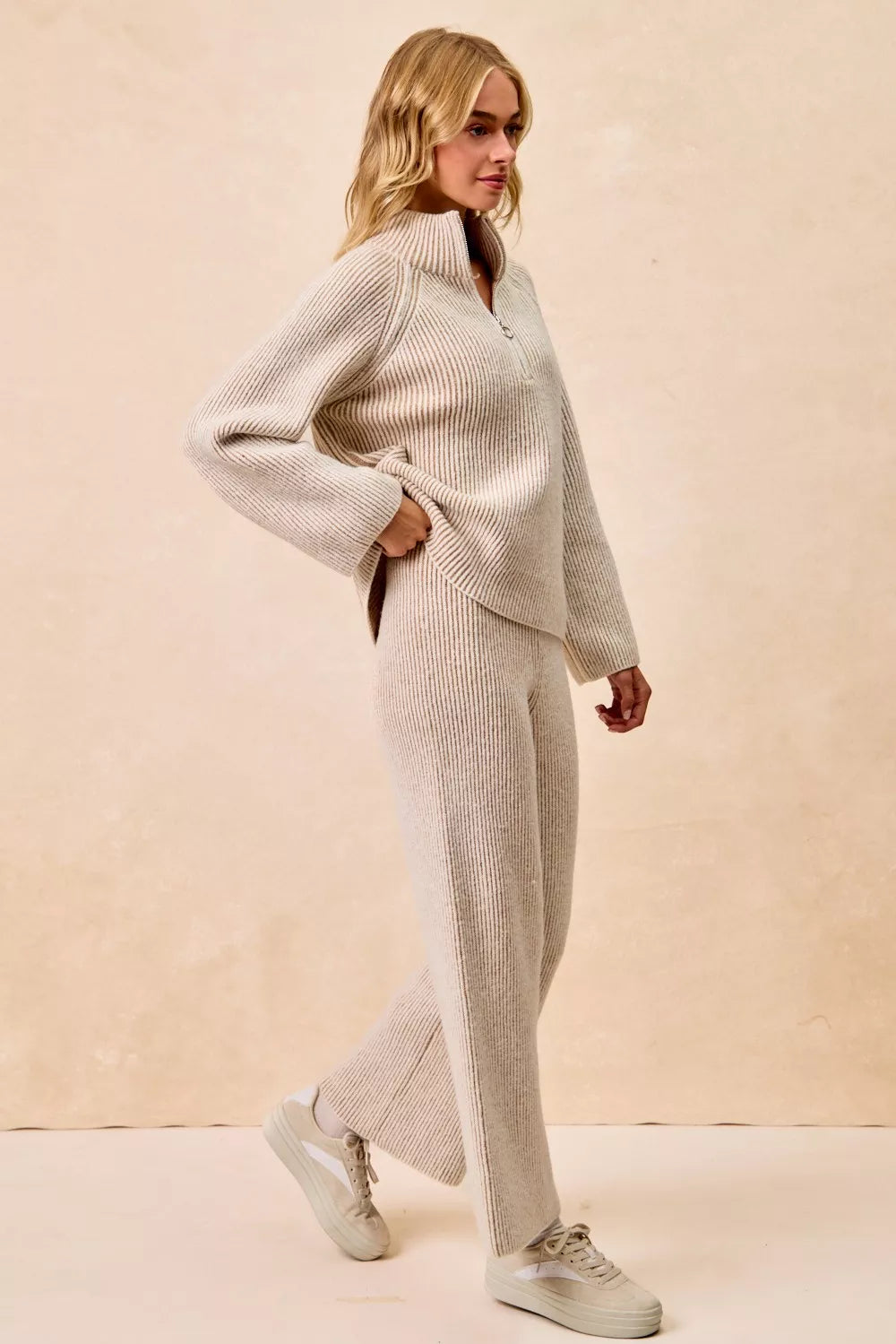 BiBi Taupe Two Tone Rib Texured Knit Collared Top with Zip Up