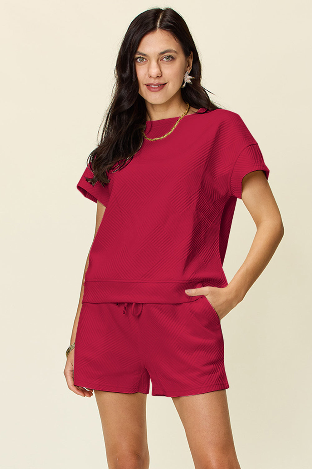 11 Colors- Double Take Quilted Textured Short Sleeve T-Shirt and Drawstring Shorts Set Deep Red Loungewear