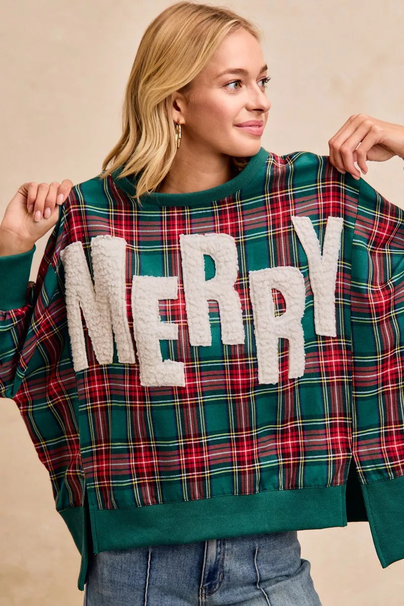 BiBi Merry Letter Patches Christmas Plaid Sweatshirt