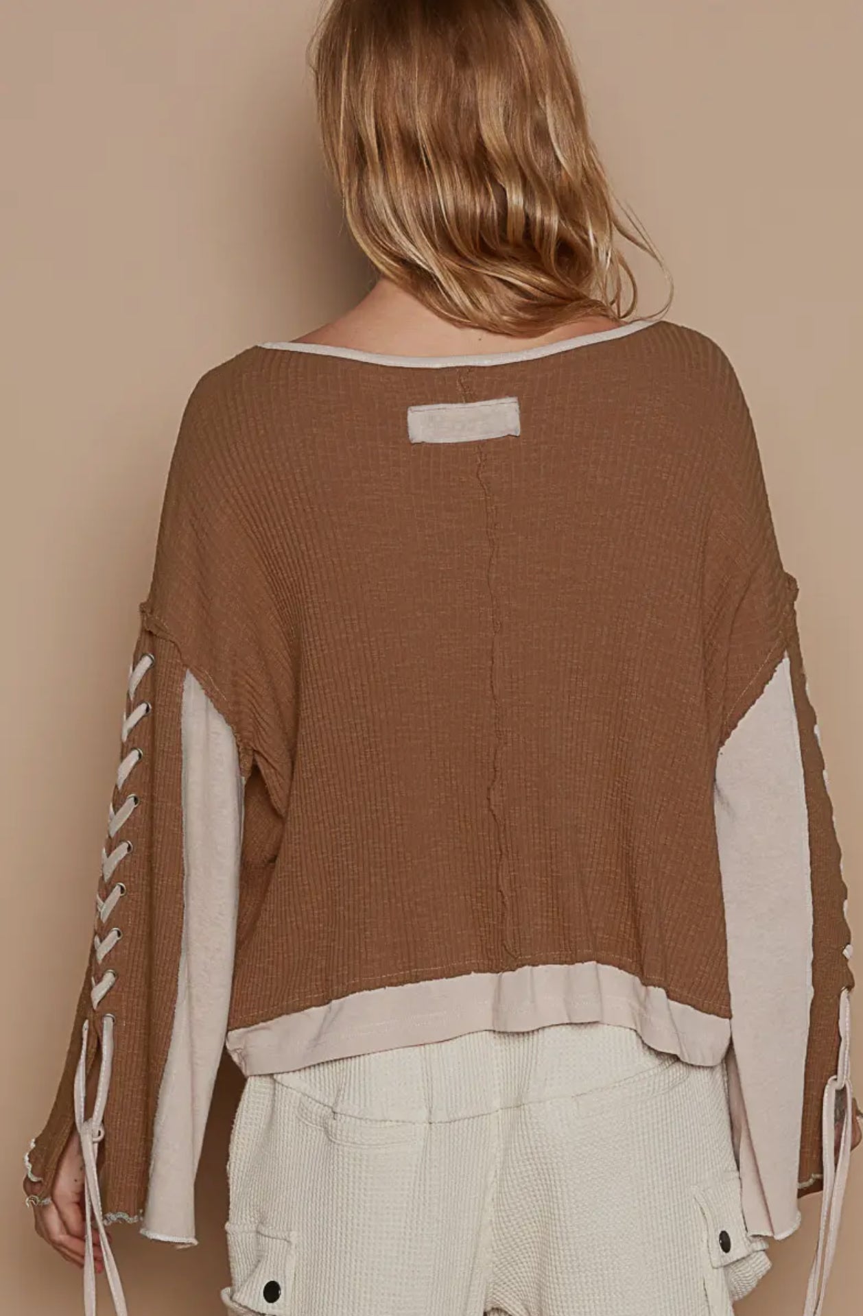 POL Notched Neck Lace-Up Sleeve Color Block Ribbed Knit Top in Milk Chocolate Shirts & Tops
