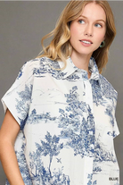 Umgee Blue Two Tone Toile Print Button Up Short Sleeve Blouse