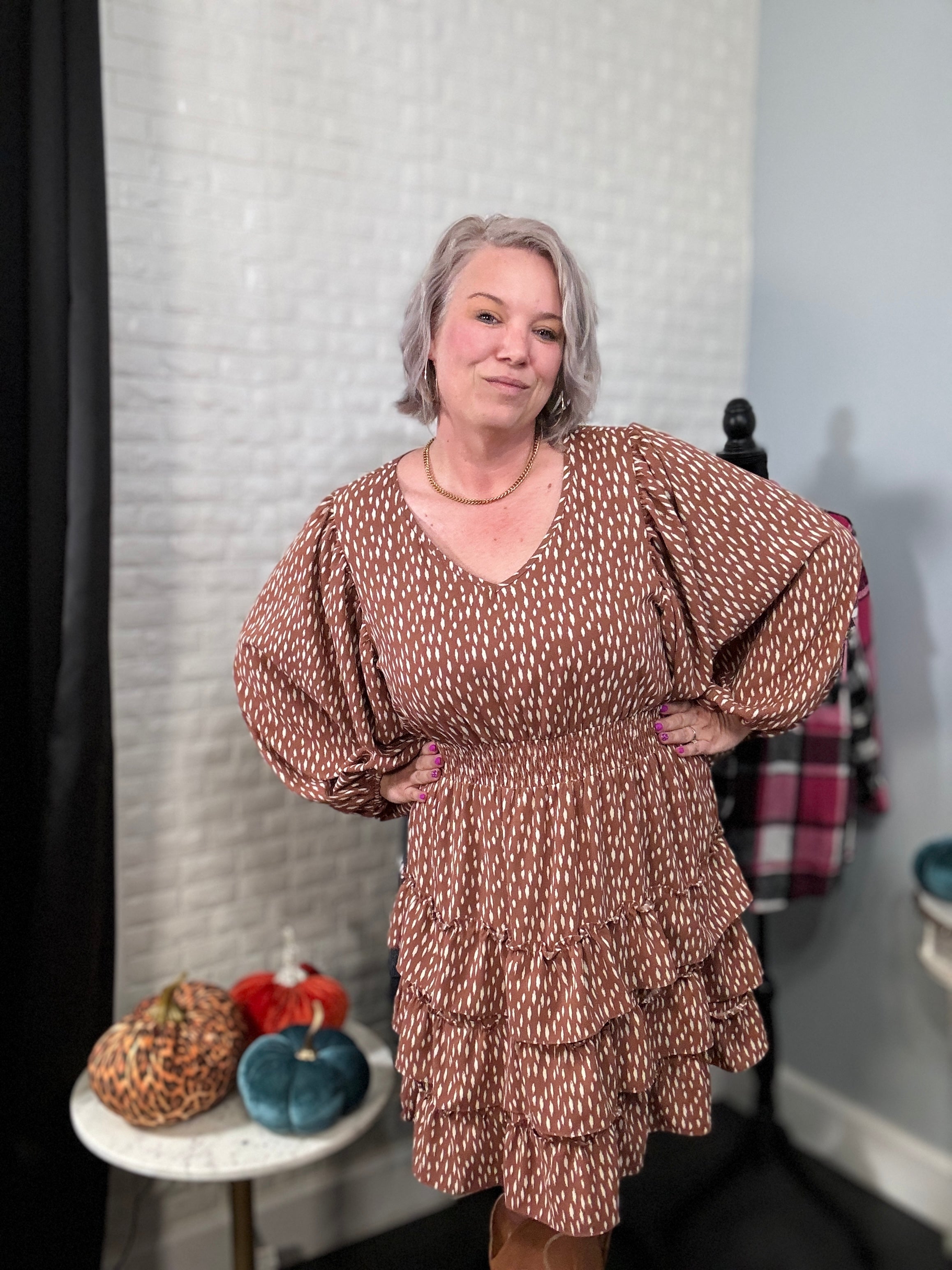 Haptics Feminine Flair Terracotta Leopard Print Ruffle Tiered Dress Final Sale Dresses