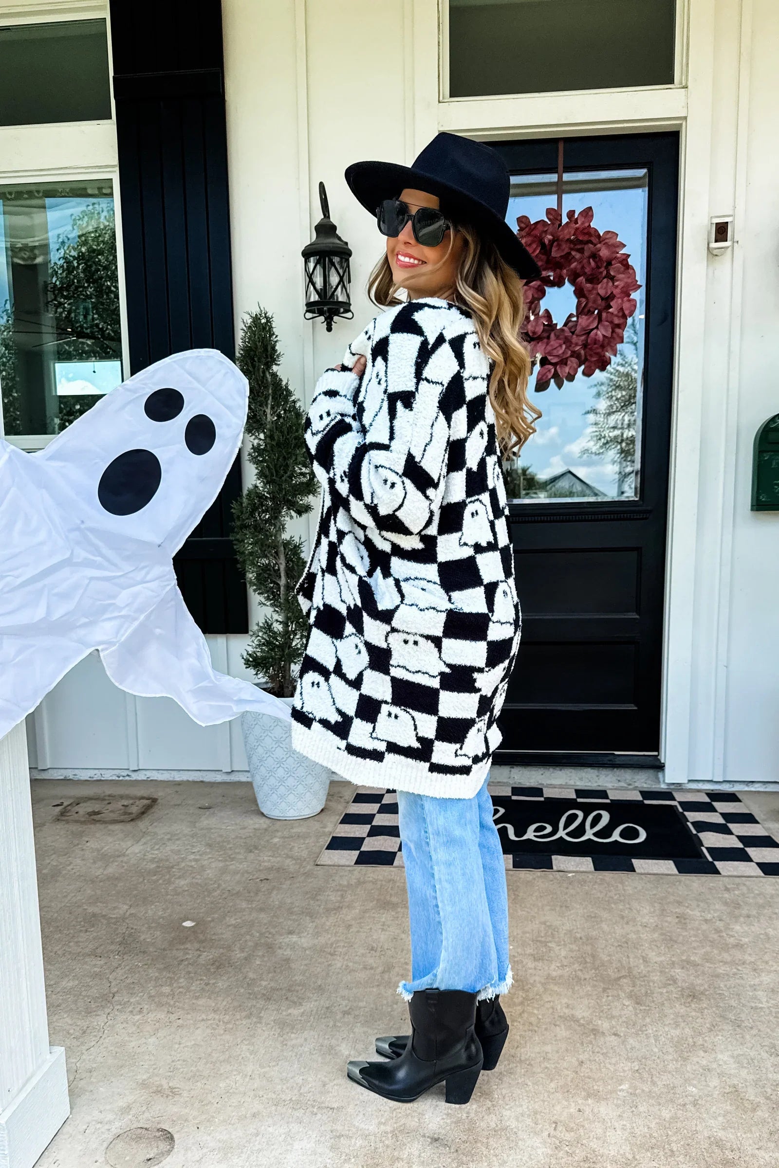 PREORDER: Blakeley Halloween Cloud Cardigan Checker Ghost Womens