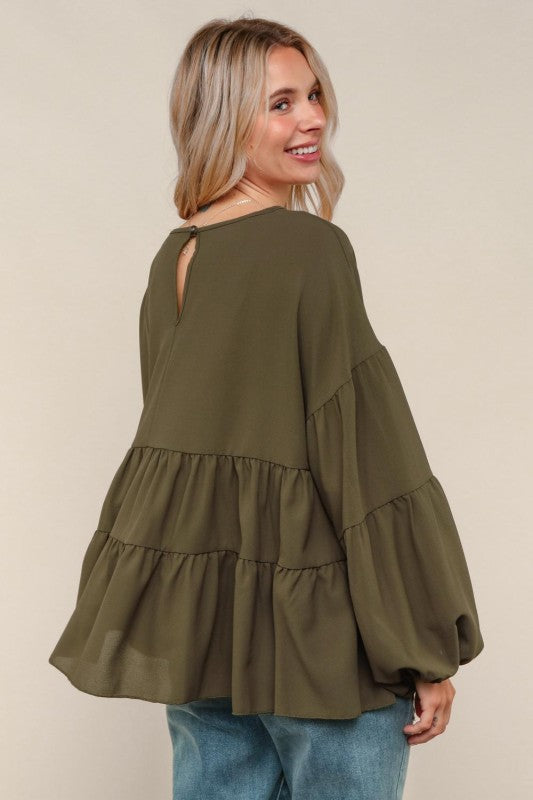Haptics Olive Babydoll Oversized Tired Blouse