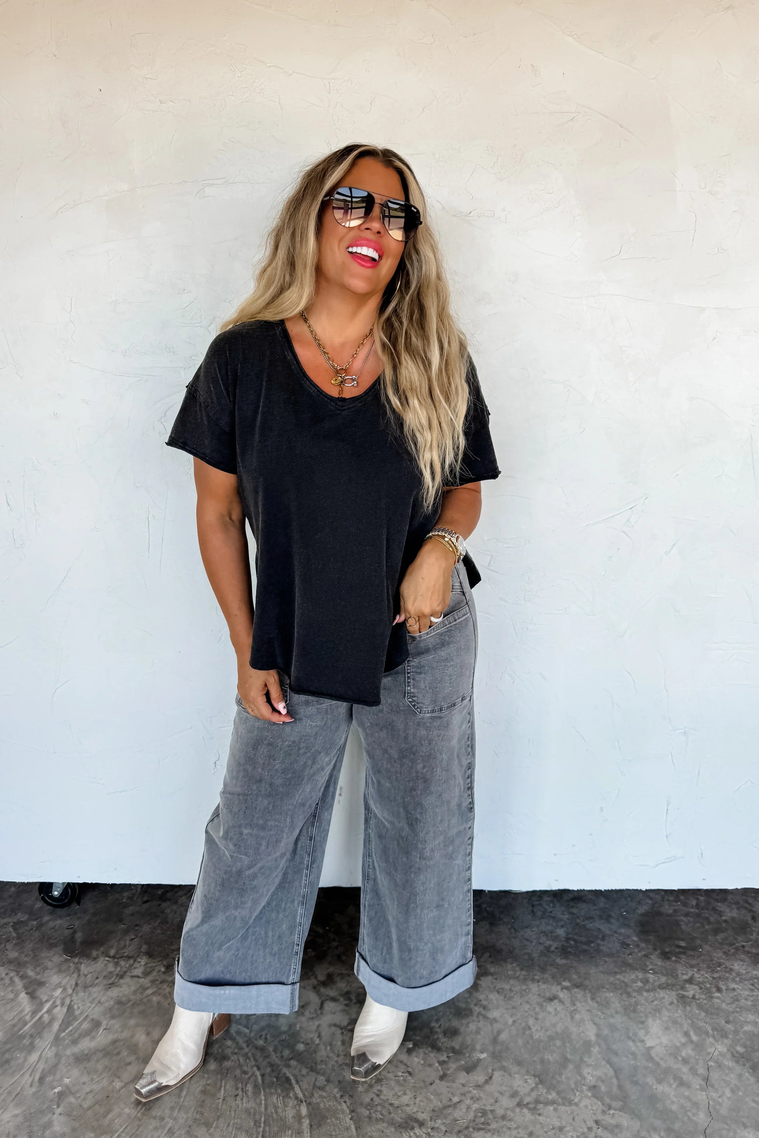 PREORDER: Blakeley Joey V-Neck Washed Cotton Boyfriend Tee Vintage Black Womens