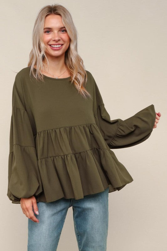 Haptics Olive Babydoll Oversized Tired Blouse