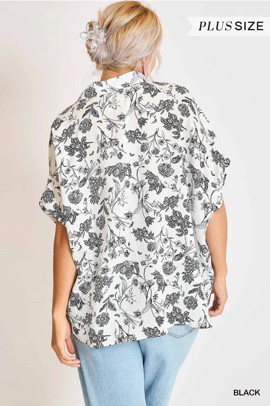 Umgee Black Two Tone Floral Print Top
