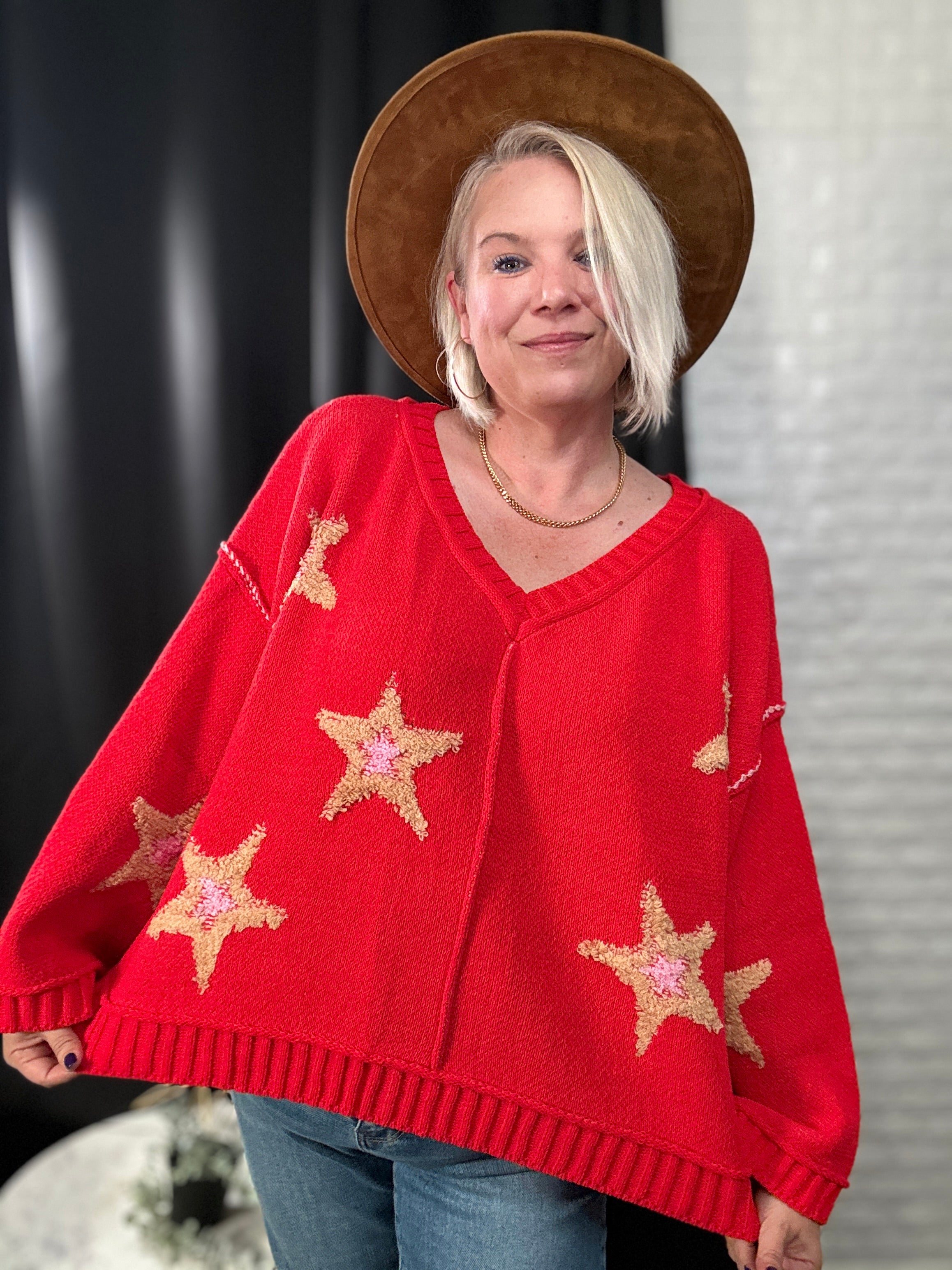 POL Apple Red Long Sleeve Star Patch Sweater Shirts & Tops