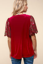Haptics Red & Green Sequin Puff Sleeve Velvet Top Shirts & Tops