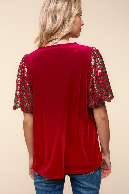 Haptics Red & Green Sequin Puff Sleeve Velvet Top Shirts & Tops