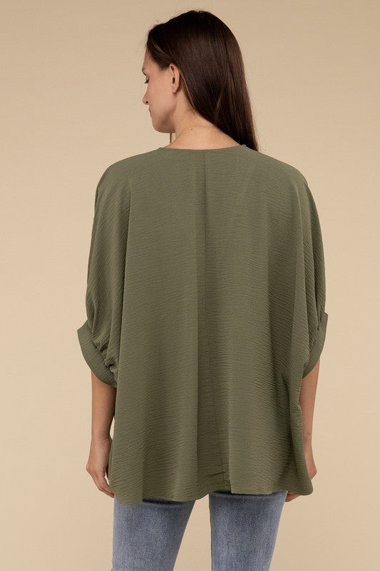 Zenana Light Olive Woven Airflow V-neck Puff Half Sleeve Top