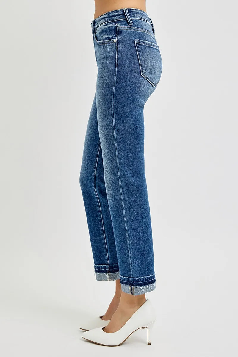 RISEN Dark Washed Mid Rise Ankle Straight Cuffed Jeans