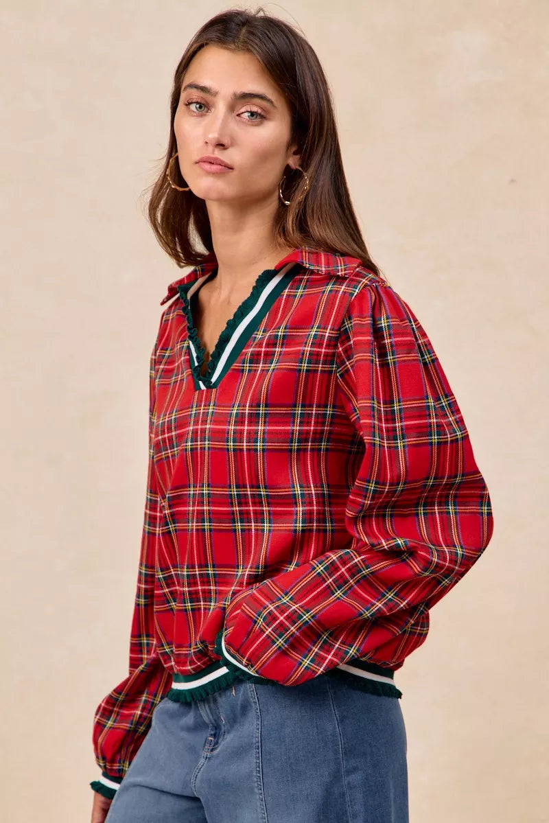 BiBi Christmas Red Plaid Collared Top with Ruffled Detail