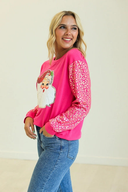 Southern Grace Pink Sequins Santa Sweatshirt With Gold Leopard Sleeves Shirts & Tops