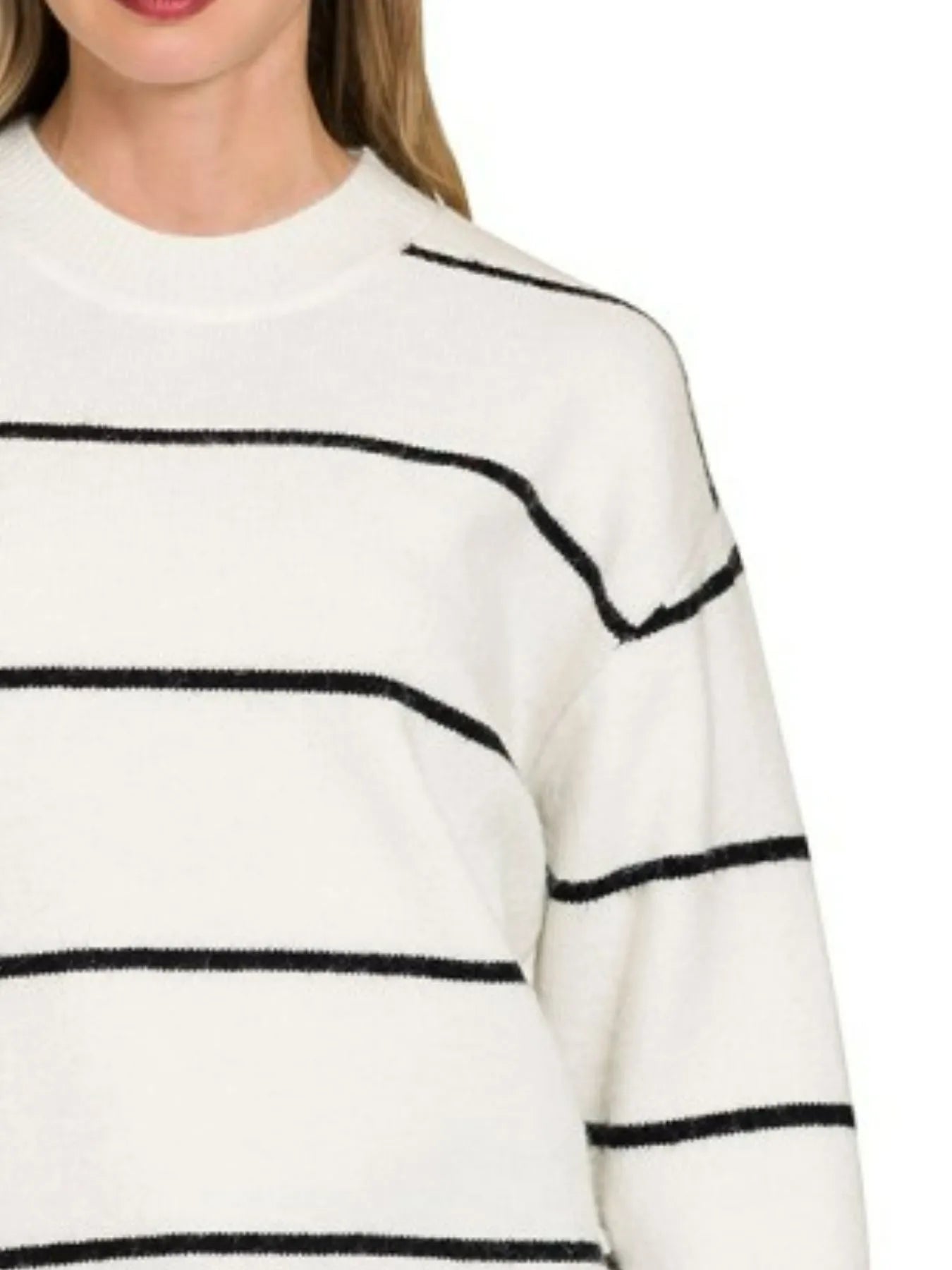 Zenana Ivory & Black Round Neck Stripe Sweater