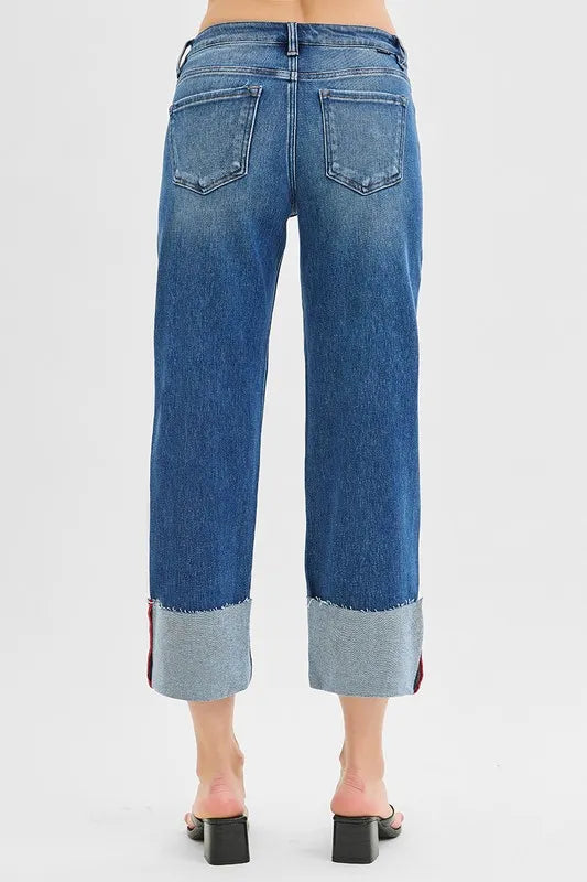 RISEN Tummy Control Mid Rise Crop Wide Cuffed Jeans