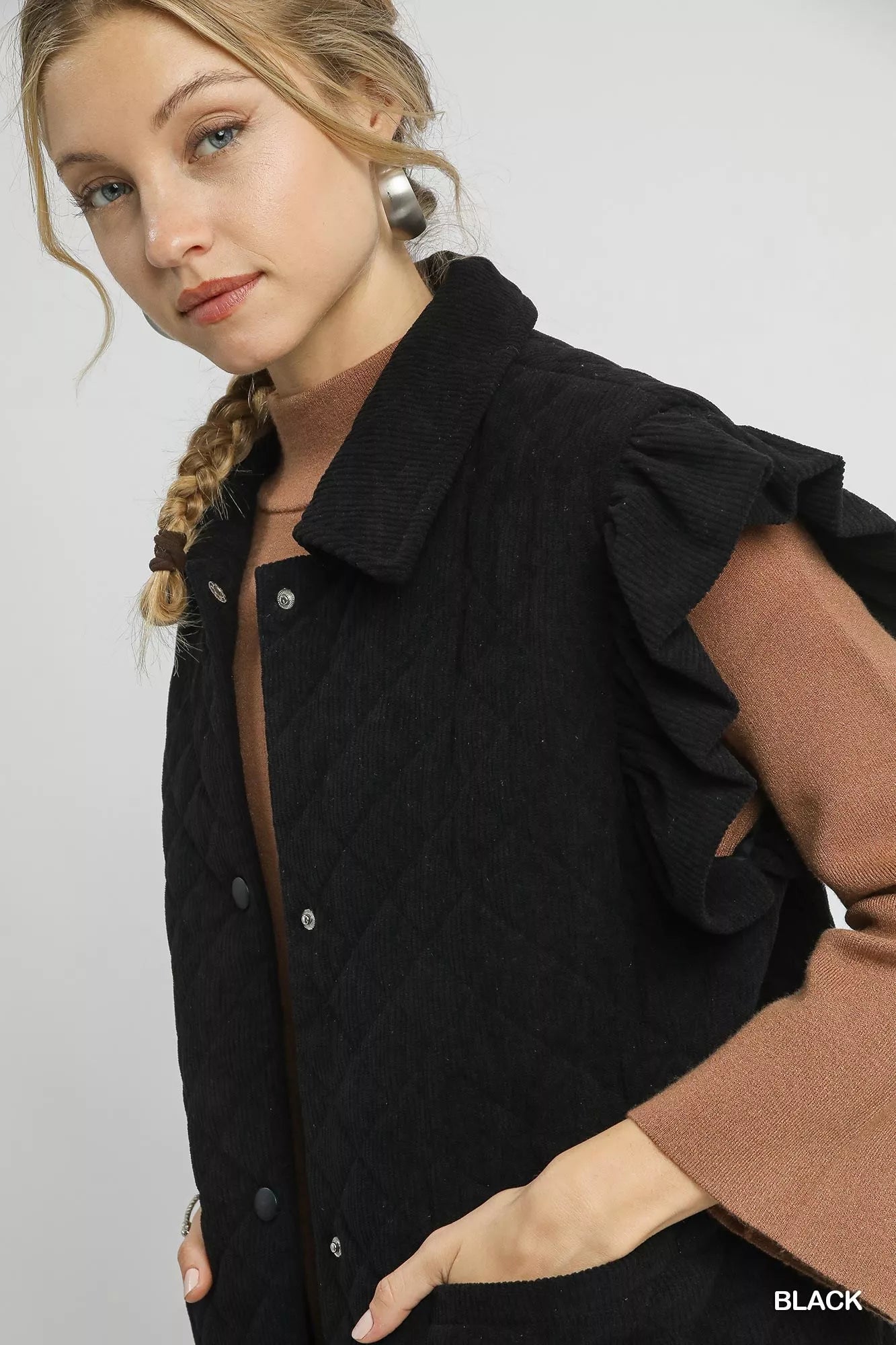 Umgee Black Corduroy Quilted Ruffle Sleeve Vest