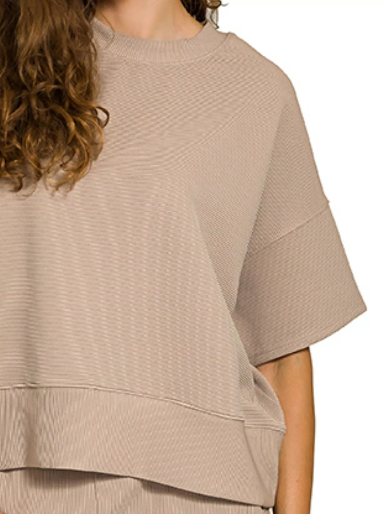 Zenana Ash Mocha Ribbed Round Neck Tee & Pants Set