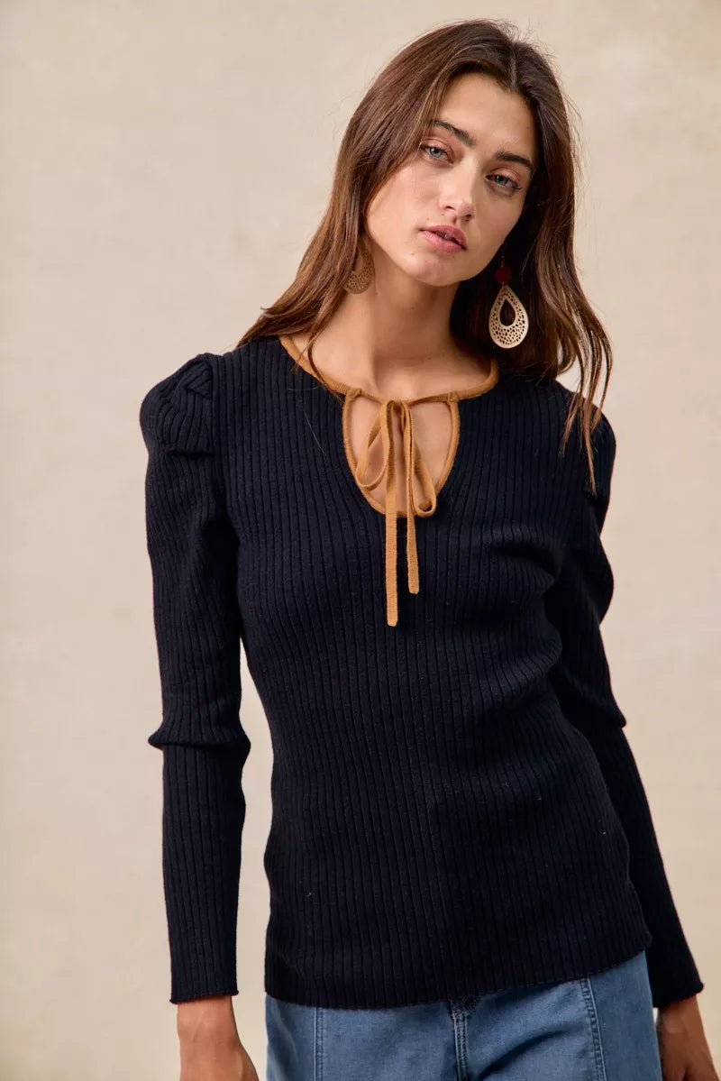 BiBi Black & Camel Ribbed Contrast Front Tied Top with Shrried