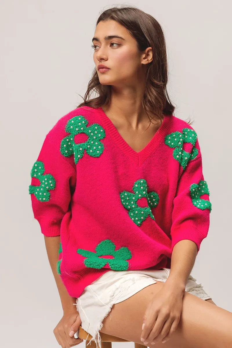BiBi Fuchsia & Jade Pearl Beads Flowers Sweater Top