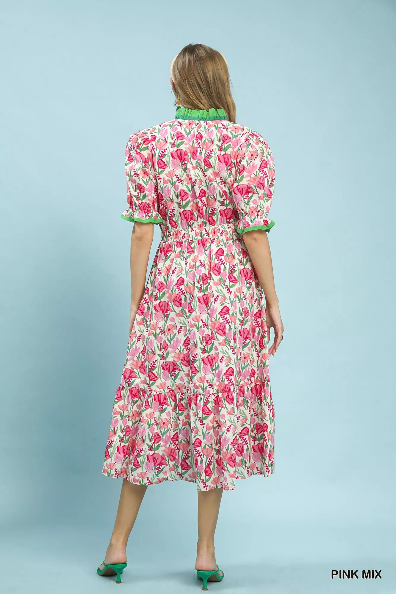 Umgee Pink Mix Floral Ruffle Trim Tiered Midi Dress