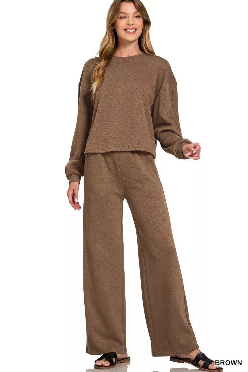 Zenana Brown French Rib Pullover and Pants Set BROWN