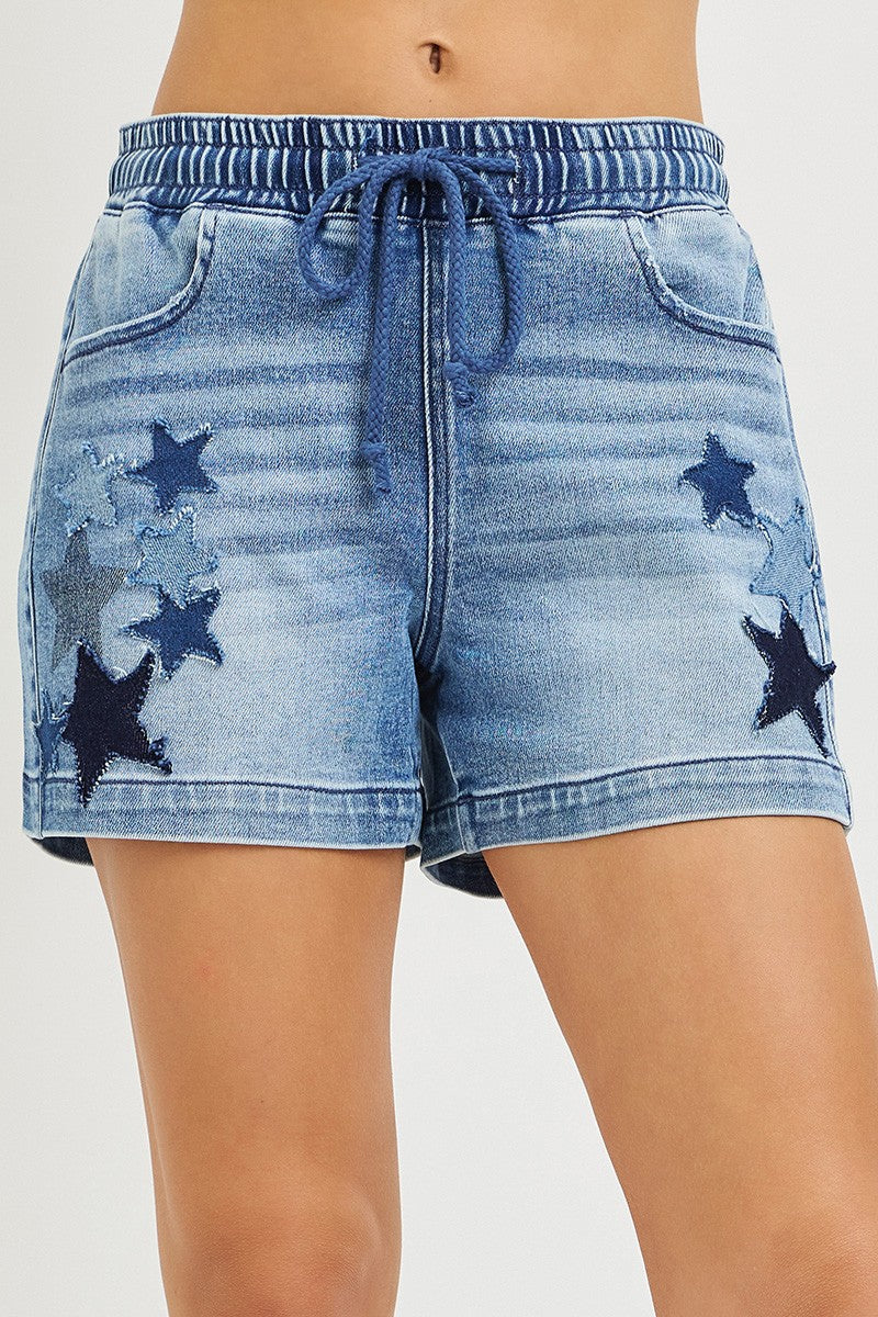 RISEN Medium Washed Elastic Band Slouchy Denim Shorts with Star Patched Details
