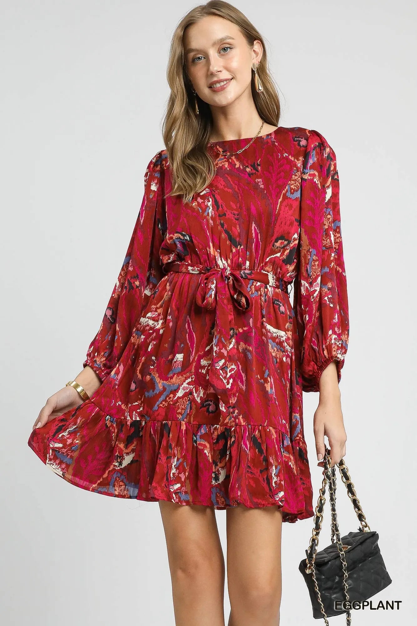 Umgee Eggplant Ruffled Hem Abstract Printed Balloon Sleeve Dress EGGPLANT