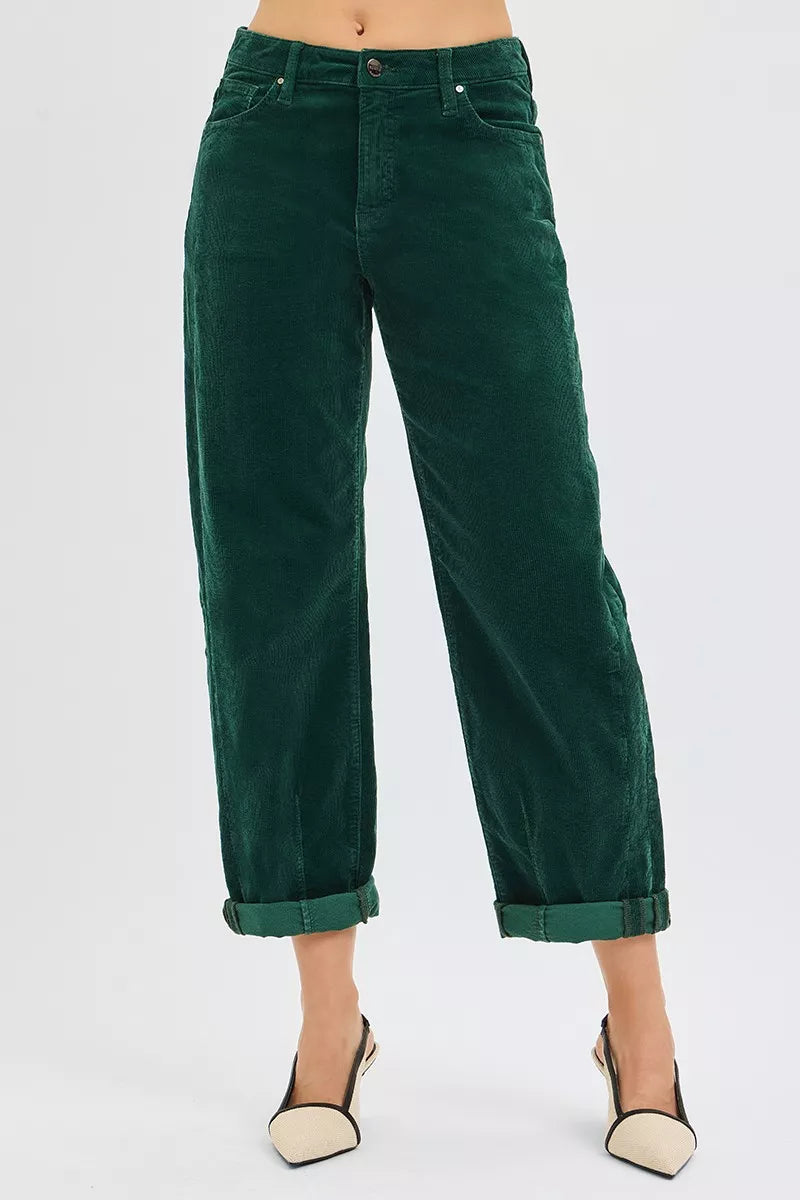 RISEN Hunter Green High Rise Crop Barrel Cordurory Pants HUNTER GREEN