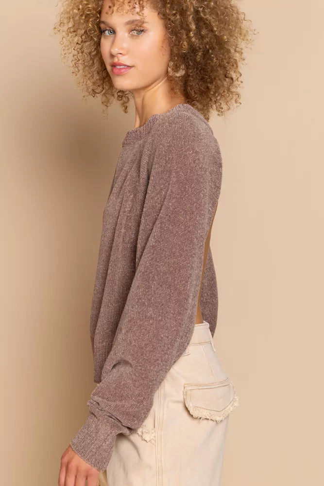 POL Chocolate Round Neck Backless Sweater with Ribbed Edge