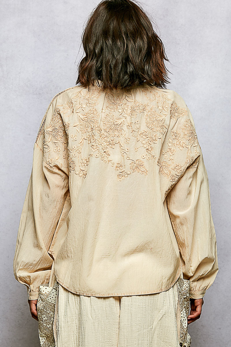 POL Almond Embroidery Button Down Long Sleeve Bohemian Washed Shirt
