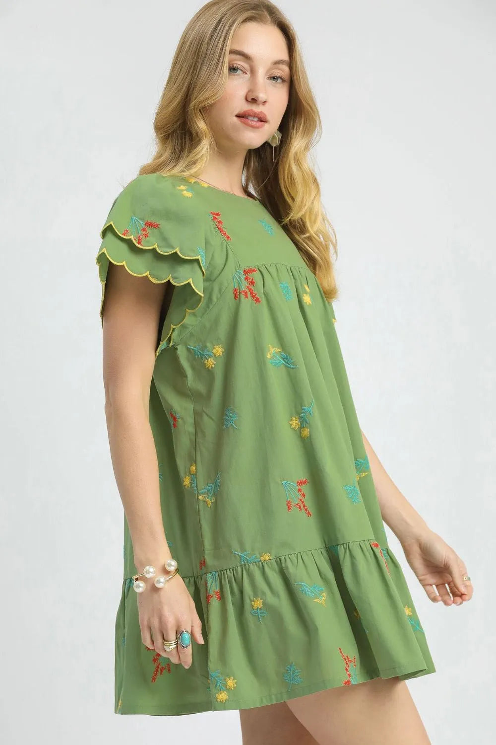 Umgee Green Floral Embroidered Short Flutter Sleeve Mini Dress