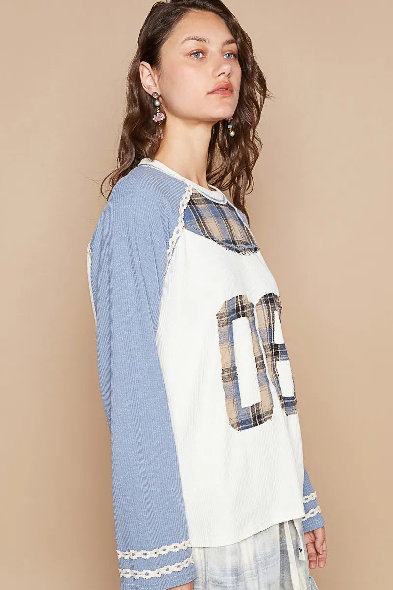 POL Light Blue Plaid Number 06 Raglan Sleeve T-Shirt