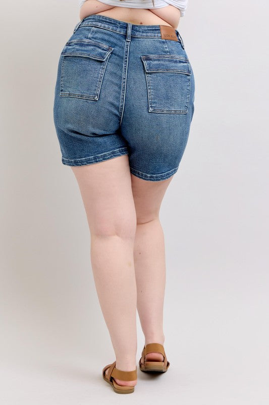 Judy Blue Medium Washed High Rise Utility Mid Length Denim Shorts