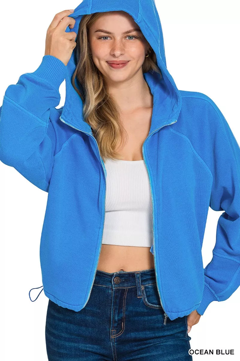 Zenana Ocean Blue Fleece Pigment Dye Zip Up Hoodie with Pockets