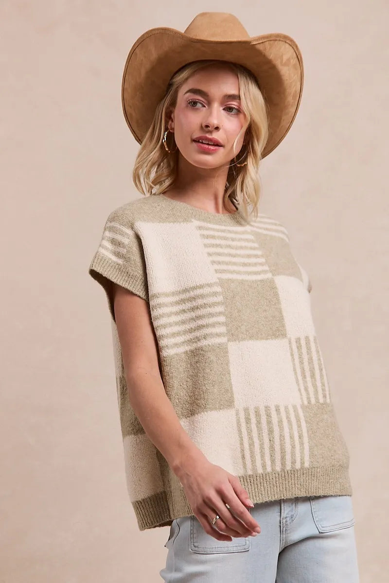 BiBi Olive & Ivory Checker With Stripes Pattern Sleeveless Sweater