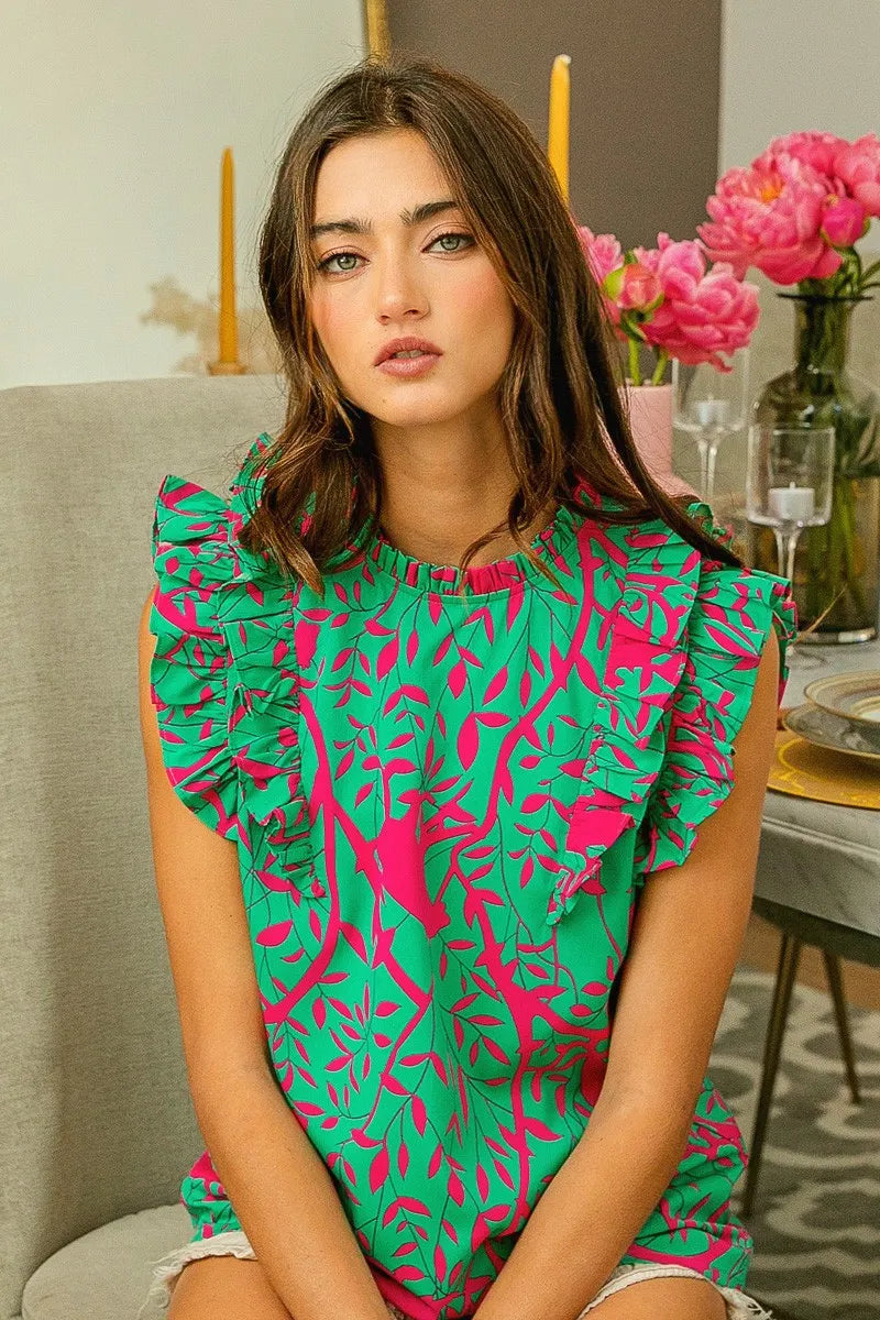 BiBi Jade & Fuchsia Leopard Leaves Print Flutter Sleeve Woven Blouse
