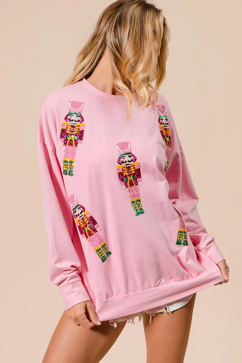 BiBi Light Pink Sequin Nutcrackers Embroidery Christmas Sweatshirt