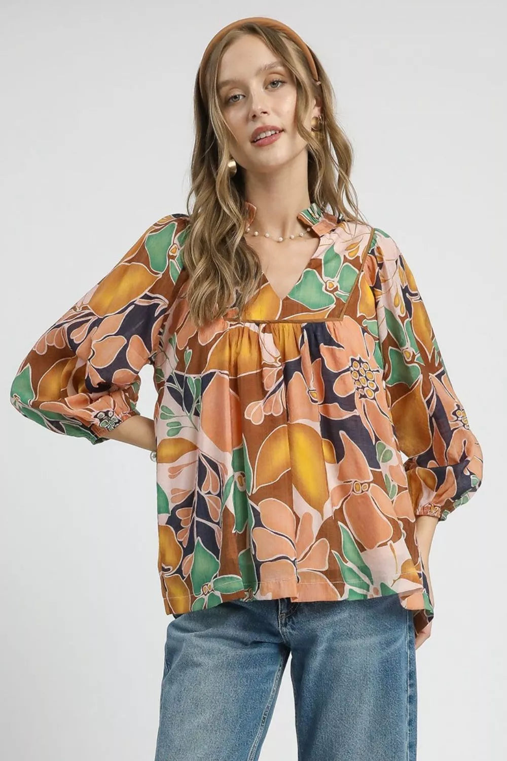 Umgee Navy Mix Multicolor Abstract Floral Print Blouse with Ruffle Neck NAVY MIX