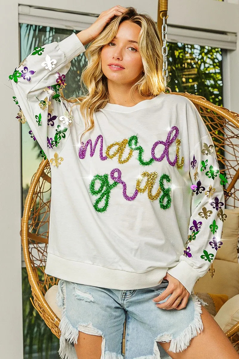 BiBi Off White Fleur De Lis Sleeve Mardi Gras Pullover